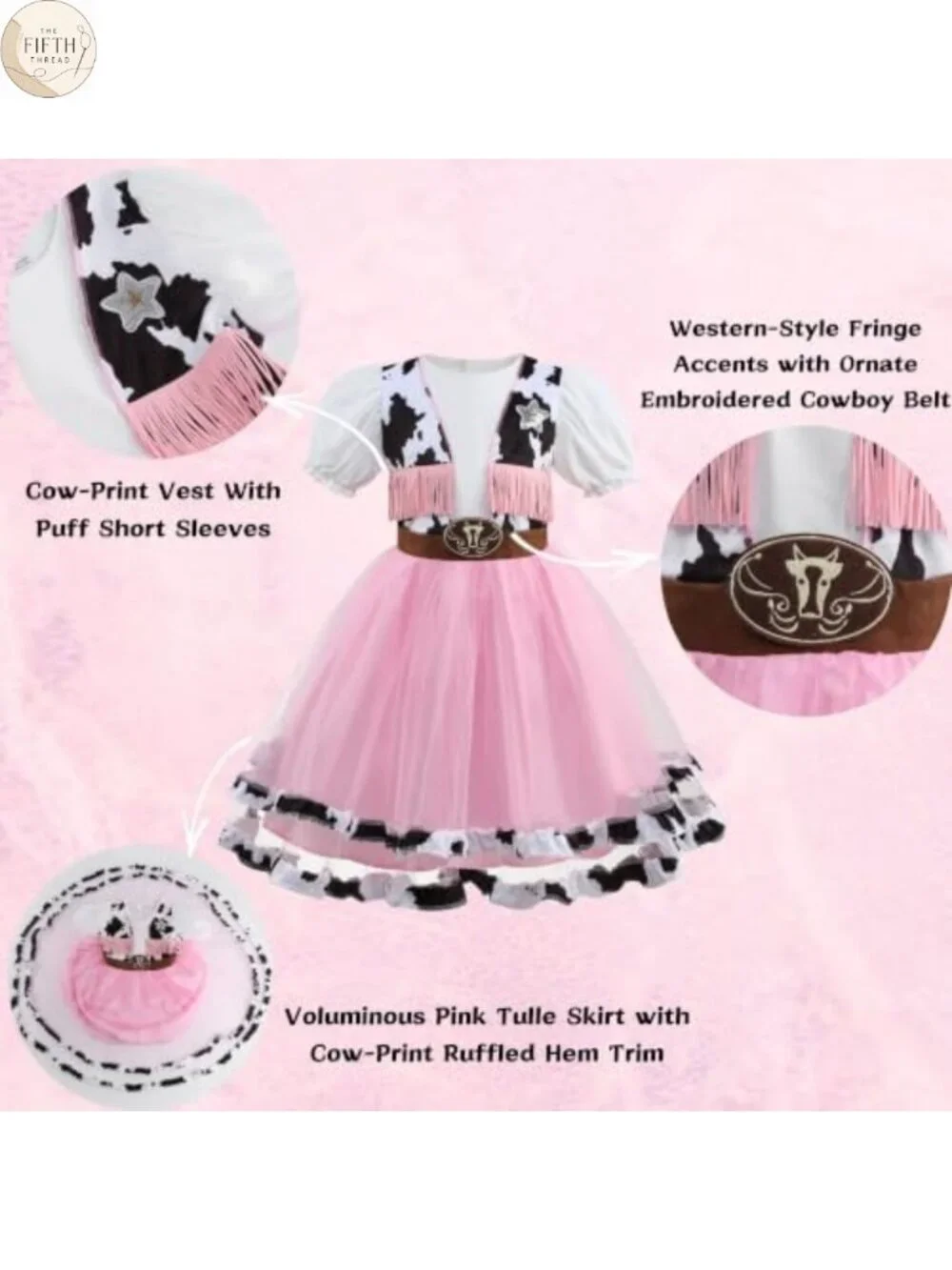 Girls Cowgirl Costume 3-Piece Set Hat Bandanna Tulle Dress